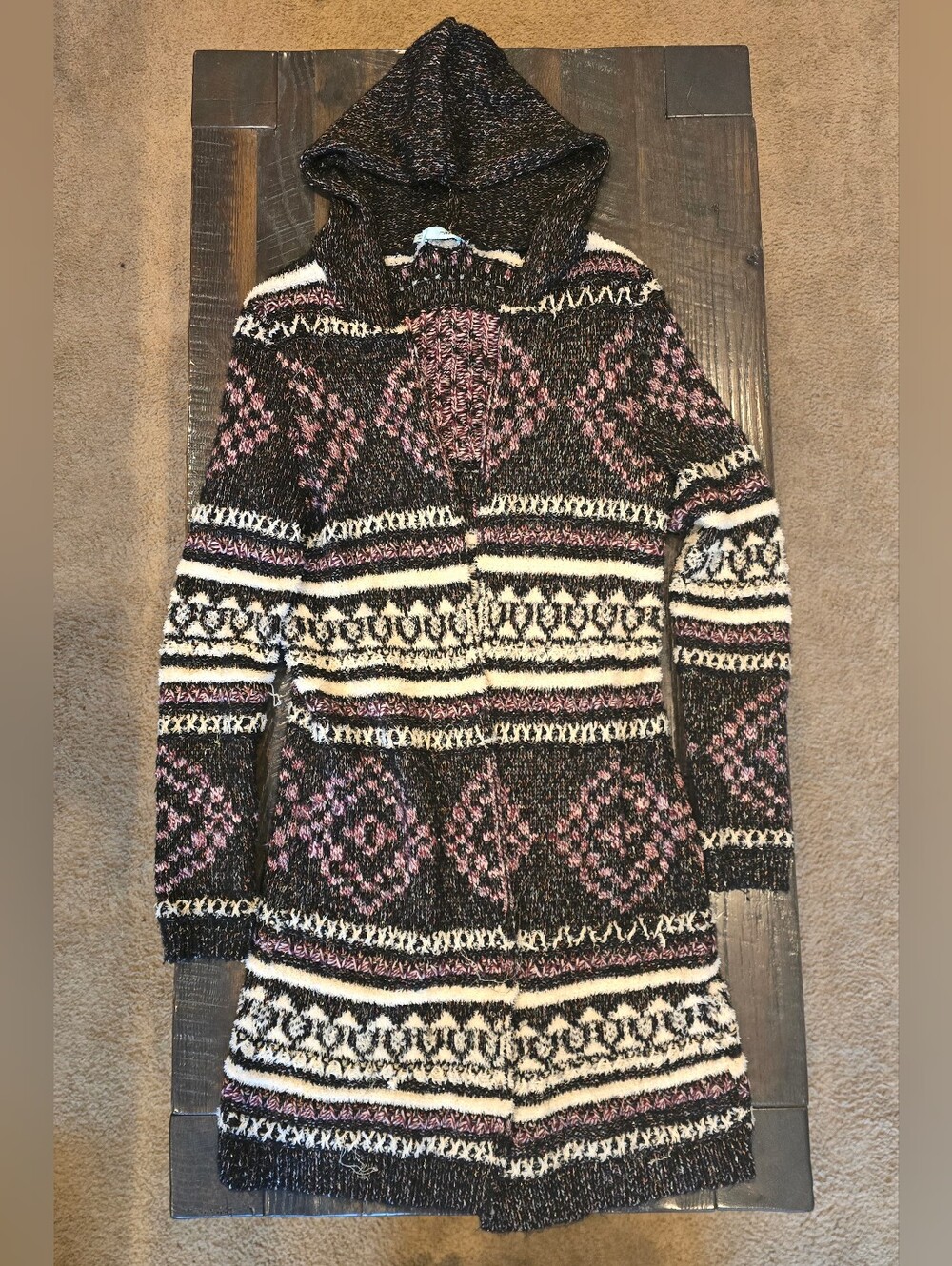 Maurices Black, Pink & Cream Hooded Patterned Sweater